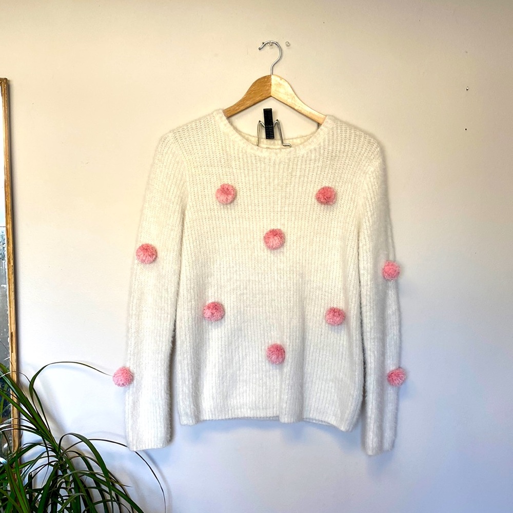 Fuzzy Pompom Crewneck Knit Sweater